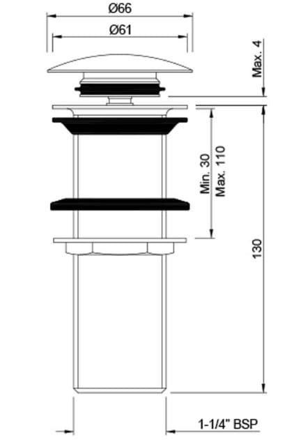 Bản vẽ kỹ thuật đầu xả nhấn có tràn màu đen mờ Ấn Độ Jaquar ALD-BLM-727L130