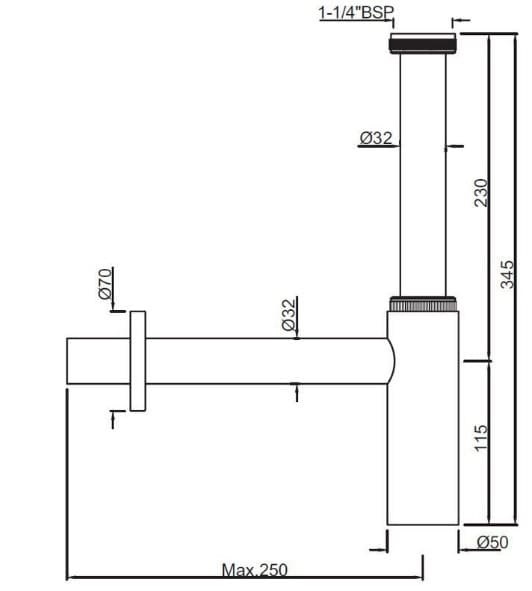 Bản vẽ kỹ thuật ống thải lavabo màu đen chrome Ấn Độ Jaquar ALD-BCH-769L250X190