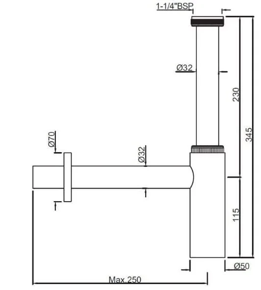 Bản vẽ kỹ thuật ống thải lavabo màu vàng sáng Ấn Độ Jaquar ALD-GBP-769L250X190