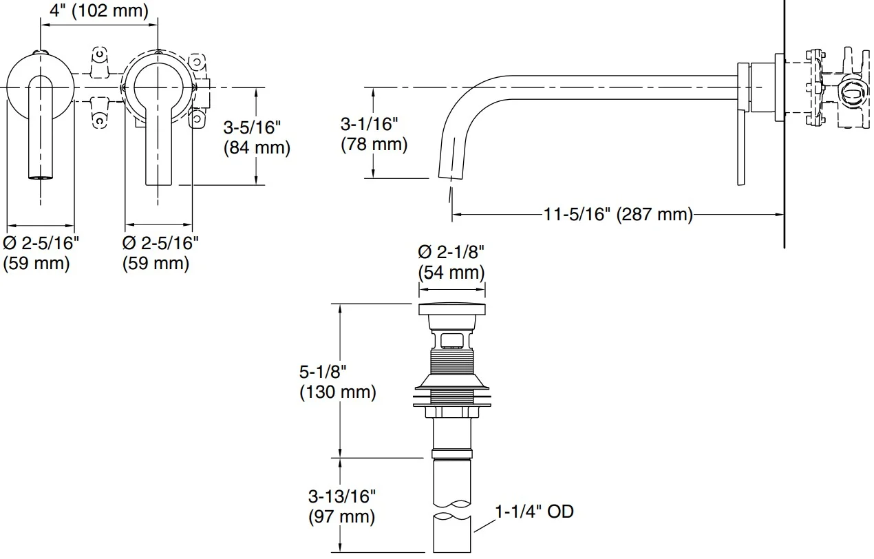 Bản vẽ vòi lavabo nóng lạnh âm tường Kallista P26675