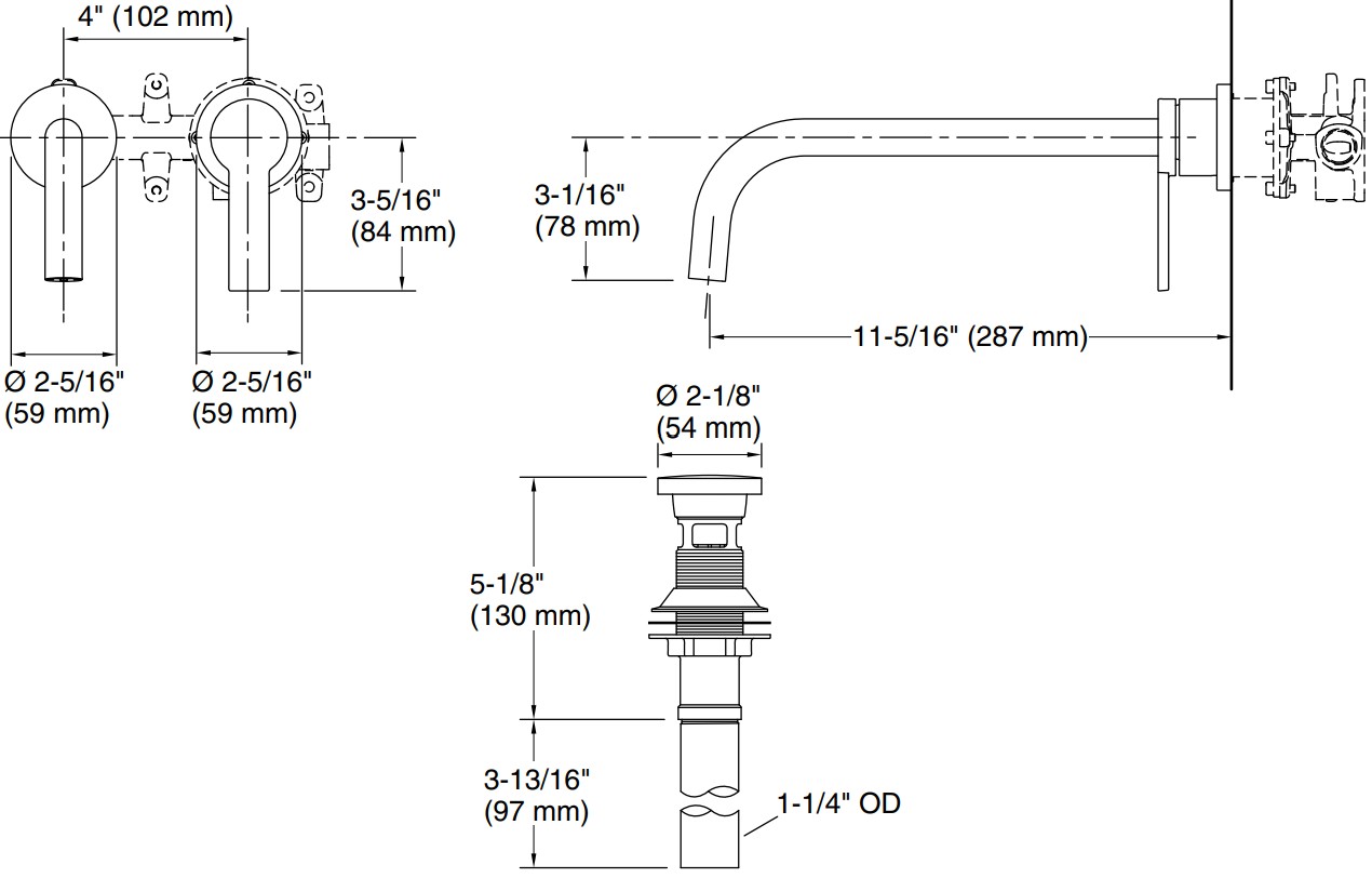 Bản vẽ vòi lavabo nóng lạnh âm tường Kallista P26675
