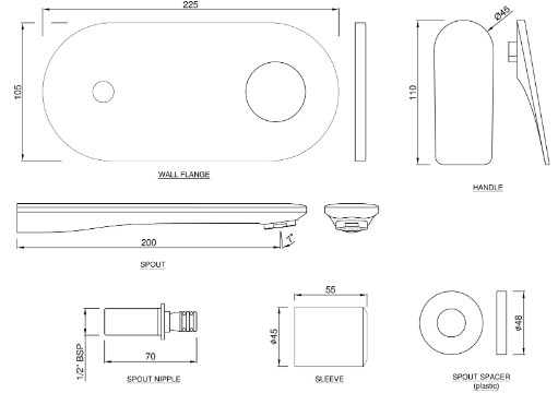 Bản vẽ kỹ thuật mặt nạ vòi lavabo nóng lạnh âm tường mạ vàng Jaquar LAG-GMG-91233NK