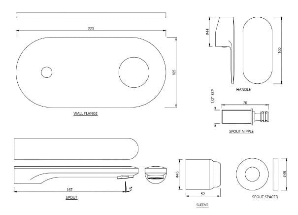 Bản vẽ kỹ thuật mặt nạ vòi lavabo nóng lạnh âm tường mạ than chì Jaquar OPP-GRF-15233NKPM