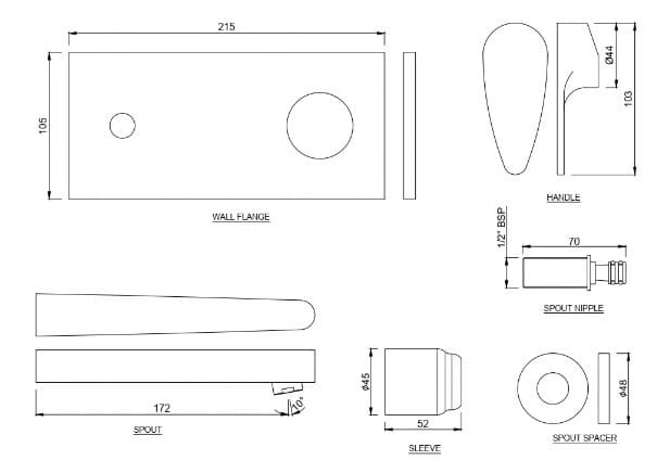 Bản vẽ kỹ thuật mặt nạ vòi lavabo nóng lạnh âm tường mạ đen mờ Jaquar VGP-BLM-81233NK