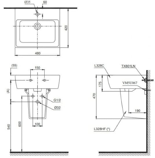 Bản vẽ kỹ thuật chậu rửa mặt treo tường chân lửng TOTO LHT328C