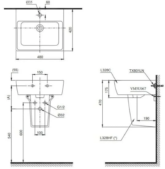 Bản vẽ kỹ thuật chậu rửa mặt treo tường chân lửng TOTO LHT328C