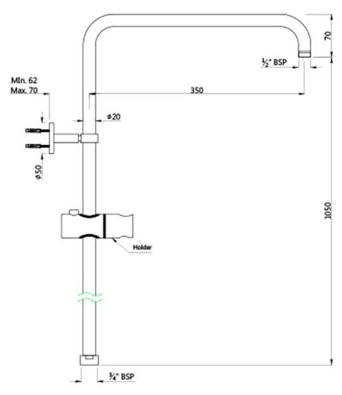 Bản vẽ kỹ thuật thanh nối sen tắm kèm cài sen mạ đồng cổ Jaquar SHA-ACR-1211NH
