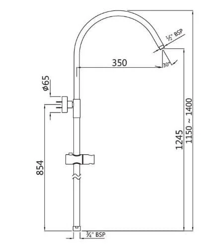 Bản vẽ kỹ thuật thanh trượt sen tắm kèm đầu nối sen mạ đen chrome Jaquar SHA-BCH-1213