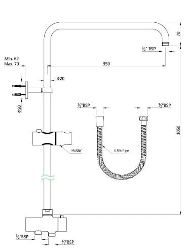 Bản vẽ kỹ thuật thanh trượt sen tắm kèm đầu nối sen mạ chrome Jaquar SHA-CHR-1217NR
