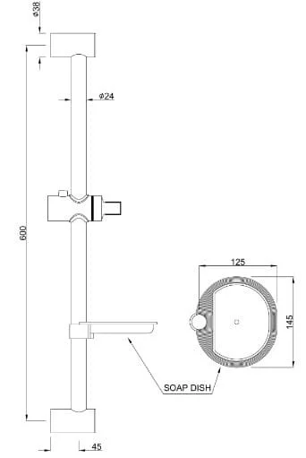 Bản vẽ kỹ thuật thanh trượt sen kèm đĩa đựng xà phòng mạ đen chrome Jaquar SHA-BCH-1189N