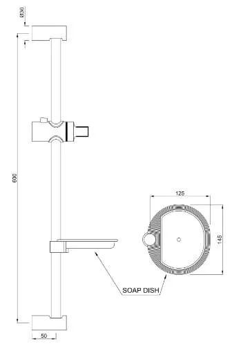 Bản vẽ kỹ thuật thanh trượt sen tắm kèm đĩa đựng xà phòng Jaquar SHA-SSF-1187N 