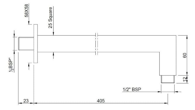 Bản vẽ kỹ thuật thanh nối bát sen âm tường mạ đồng đỏ Jaquar SHA-BGP-455L400