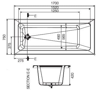 Bản vẽ kỹ thuật bồn tắm xây 1.7m màu trắng Jaquar JBT-WHT-FONT170X