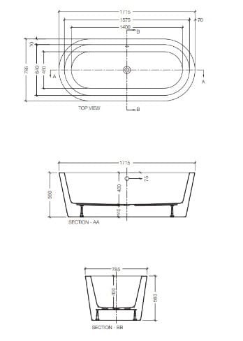 Bản vẽ kỹ thuật bồn tắm đặt sàn Julia màu trắng Jaquar JBT-WHT-FSBT177840X