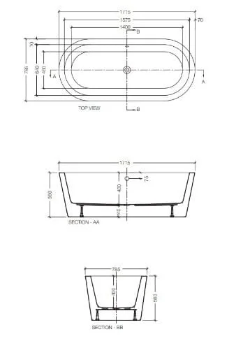 Bản vẽ kỹ thuật bồn tắm đặt sàn Julia màu trắng Jaquar JBT-WHT-FSBT177840X
