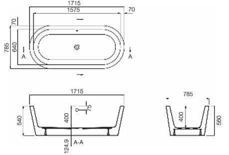 Bản vẽ kỹ thuật bồn tắm đặt sàn Julia màu trắng Jaquar JBT-WHT-FSBT177840XV