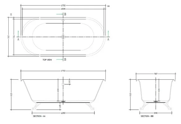 Bản vẽ kỹ thuật bồn tắm đặt sàn có chân Jaquar JBT-WHT-FSBTMAD1778