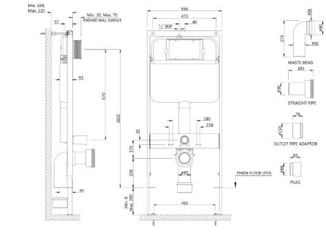 Bản vẽ kỹ thuật két nước âm tường có khung Jaquar JCS-WHT-2400FS