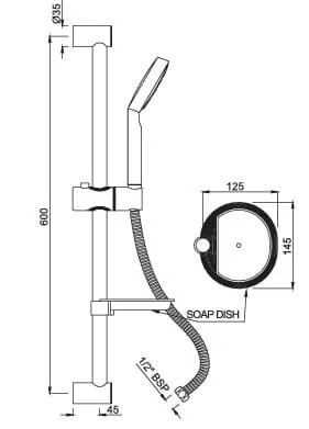 Bản vẽ kỹ thuật thanh trượt sen tắm kèm sen tay mạ chrome Jaquar SHA-CHR-1110V