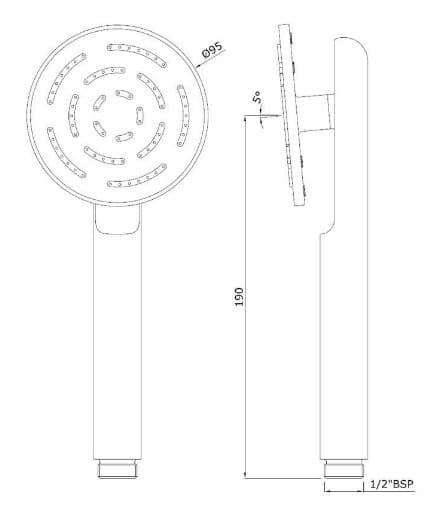 Bản vẽ kỹ thuật tay sen tắm tròn một chức năng mạ đen mờ Jaquar HSH-BLM-165