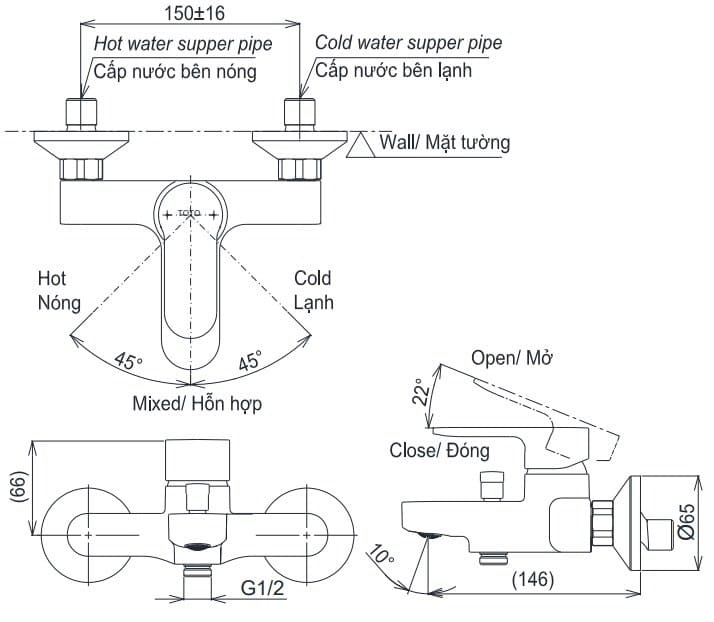 Bản vẽ kỹ thuật củ sen tắm nóng lạnh TOTO TBS06302V 