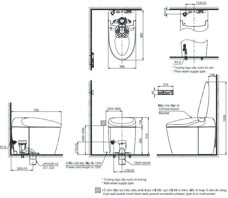 Bản vẽ kỹ thuật bồn cầu 1 khối kèm nắp điện tử TOTO MS885CDW23