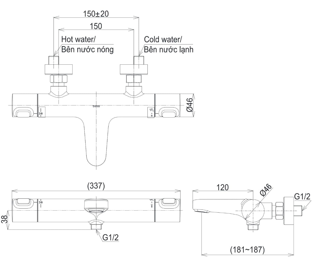 Bản vẽ kỹ thuật củ sen tắm nóng lạnh TOTO TBS06302V 