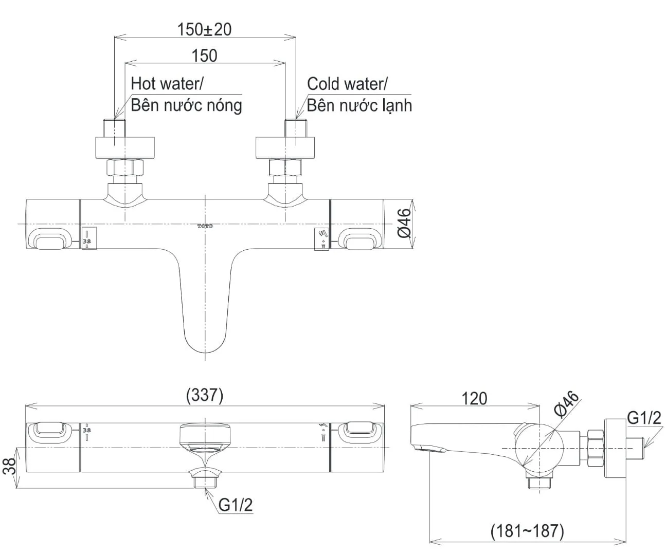 Bản vẽ kỹ thuật củ sen tắm nóng lạnh TOTO TBS06302V