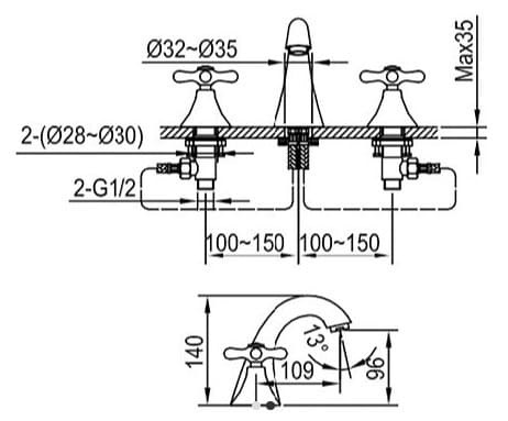 Bản vẽ kỹ thuật vòi chậu lavabo nóng lạnh 3 Lỗ Clara CF-67359G