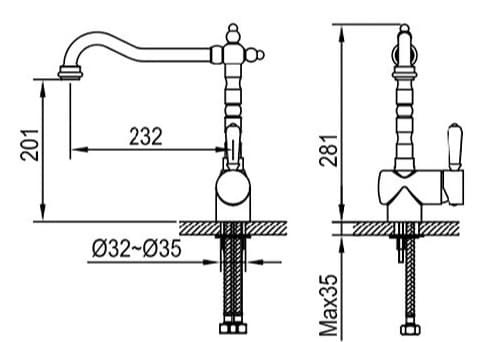 Bản vẽ kỹ thuật vòi chậu rửa bát nóng lạnh Clara CF-68354RG