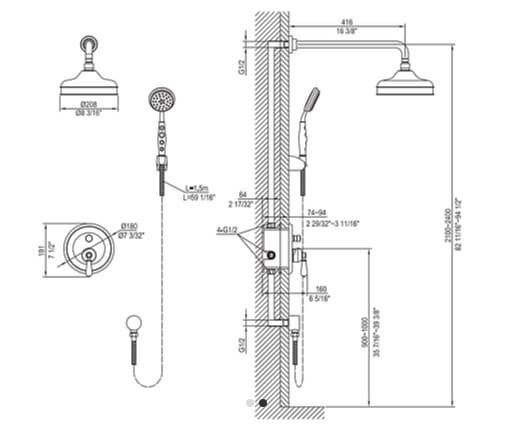 Bản vẽ kỹ thuật sen tắm âm tường nóng lạnh Clara CF-68356RG