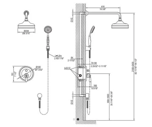 Bản vẽ kỹ thuật sen tắm âm tường nóng lạnh Clara CF-68356RG