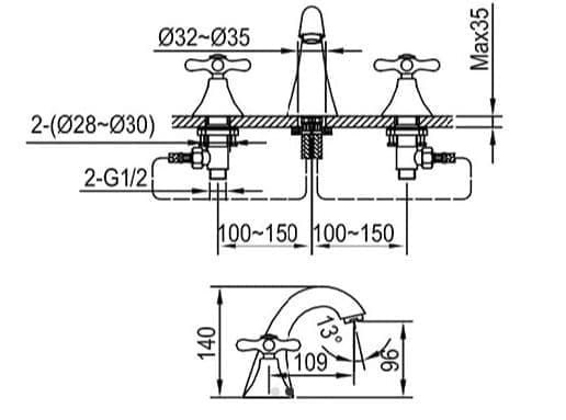 Bản vẽ kỹ thuật vòi chậu lavabo nóng lạnh 3 Lỗ Clara CF-67359G