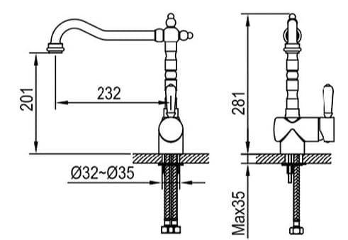 Bản vẽ kỹ thuật vòi chậu rửa bát nóng lạnh Clara CF-68354RG