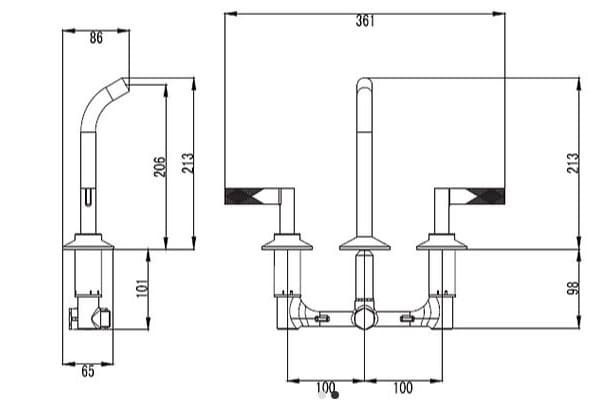 Bản vẽ kỹ thuật vòi chậu lavabo nóng lạnh 3 Lỗ Clara CF-67359G