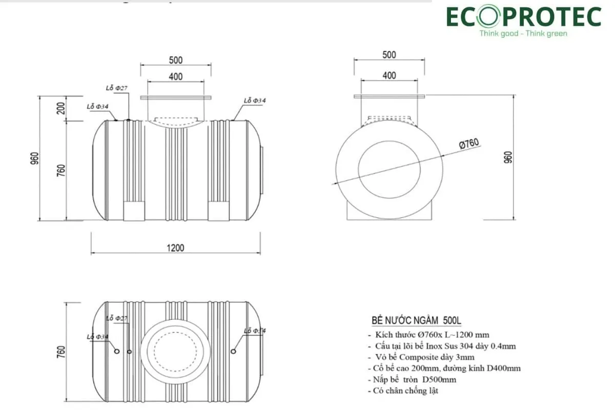 Bể Nước Ngầm Lõi Inox Bọc Composite 500L