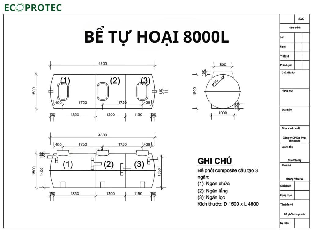 BỂ TỰ HOẠI COMPOSITE FRP 8000L ECOPROTEC HÌNH TRỤ