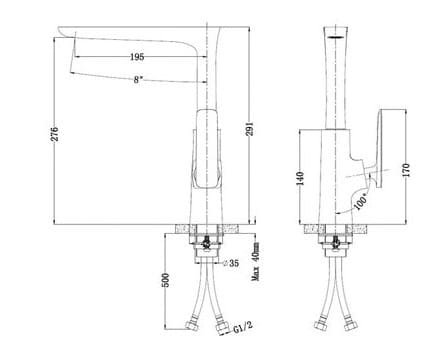 Bản vẽ kỹ thuật Vòi Chậu Lavabo Nóng Lạnh Thân Cao Clara CF-35354