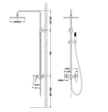 Bản vẽ kỹ thuật sen tắm âm tường nóng lạnh Clara CF-68356RG