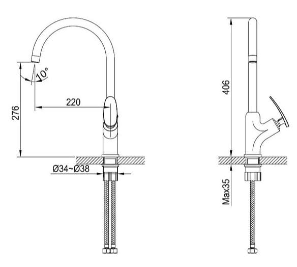 Bản vẽ kỹ thuật vòi chậu rửa bát nóng lạnh Clara CF-73354G