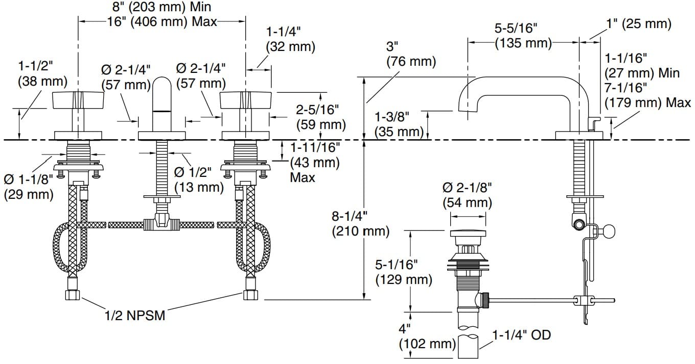Bản vẽ vòi lavabo nóng lạnh gắn chậu Kallista P32444