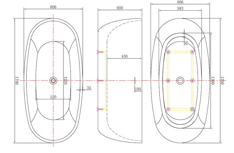 Bản vẽ kỹ thuật bồn tắm đặt sàn đá nhân tạo Clara CBT-130 1.7m