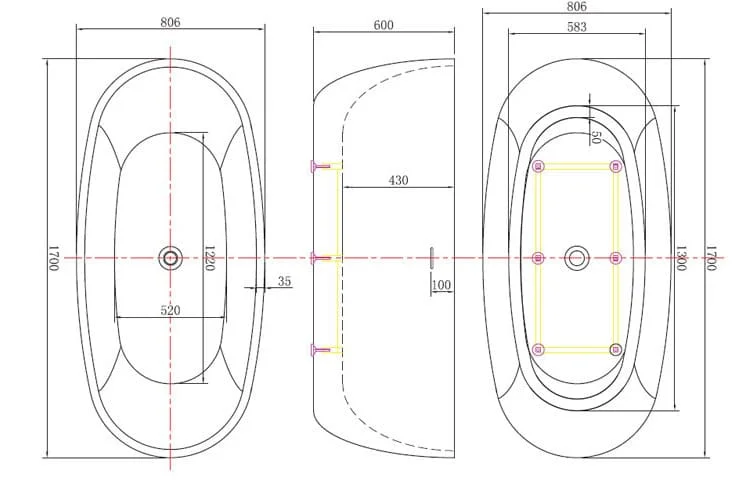 Bản vẽ kỹ thuật bồn tắm đặt sàn đá nhân tạo Clara CBT-130 1.7m