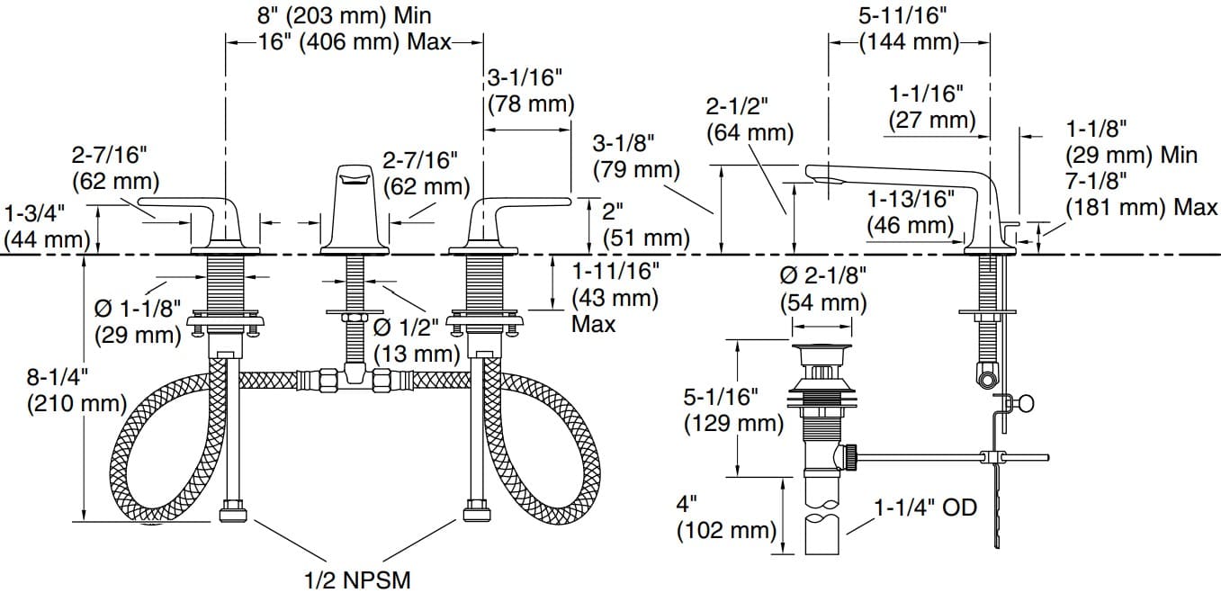 Bản vẽ vòi lavabo nóng lạnh gắn chậu Kallista P32445-LV-CP