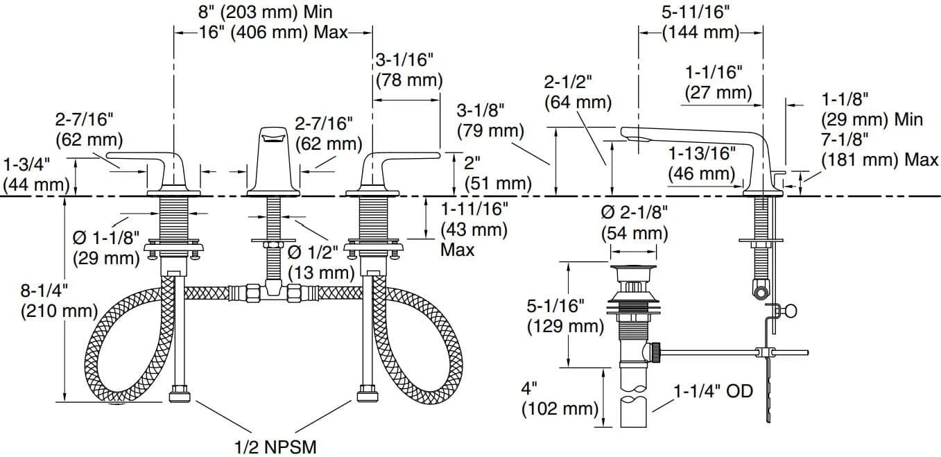 Bản vẽ vòi lavabo nóng lạnh gắn chậu Kallista P32445