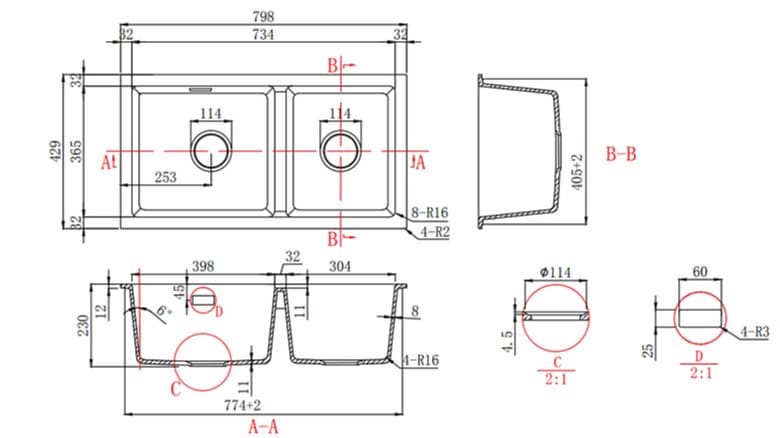Bản vẽ kỹ thuật chậu rửa bát 2 hố inox304 Clara CSS-24BK(Đen)