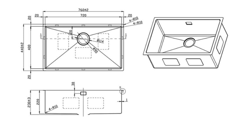 Bản vẽ kỹ thuật chậu bếp 1 hố Clara CSS-23BK(Đen)