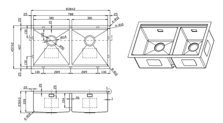 Bản vẽ kỹ thuật chậu rửa bát 2 hố inox304 Clara CSS-24BK(Đen)