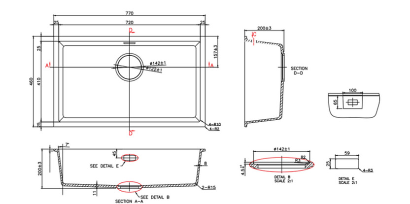 Bản vẽ kỹ thuật chậu bếp 1 hố Clara CSS-23BK(Đen)