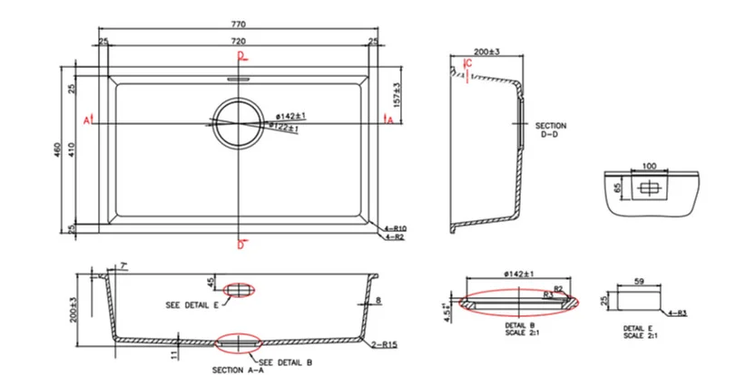 Bản vẽ kỹ thuật chậu bếp 1 hố Clara CSS-23BK(Đen)